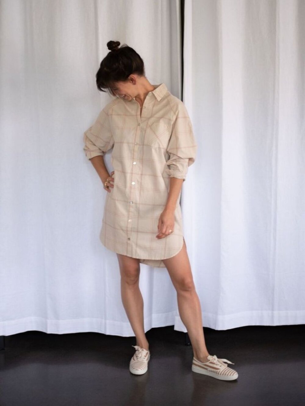 Jackson Rowe The Beau Shirt Dress Tan Pink Plaid Oversized Cotton Medium
